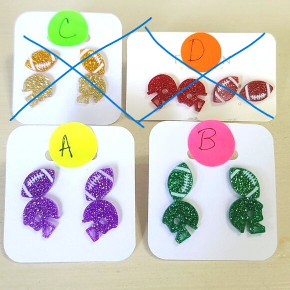 FOOTBall Helmut color stud earrings NWT 2 Pair of purple, green, gold, or RED - Picture 1 of 3